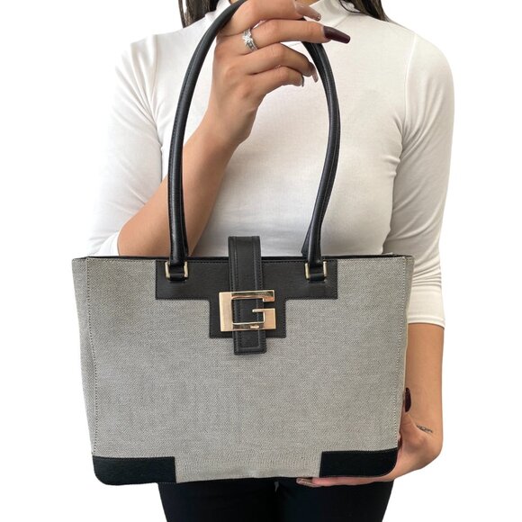 GUCCI Vintage G Square Logo Shoulder Bag Gray Black Cotton Leather [103945] - Picture 2 of 12